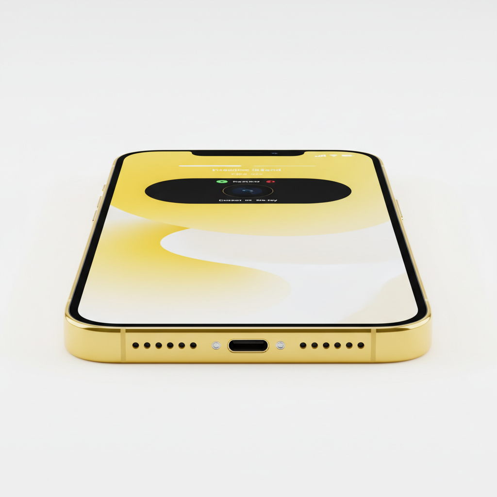 iPhone 15 Pro in yellow photographed from front on light surface