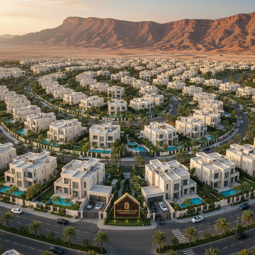 Aerial view of Saadiyat Island luxury villa community, turquoise water, white sand beach, lush green landscaping