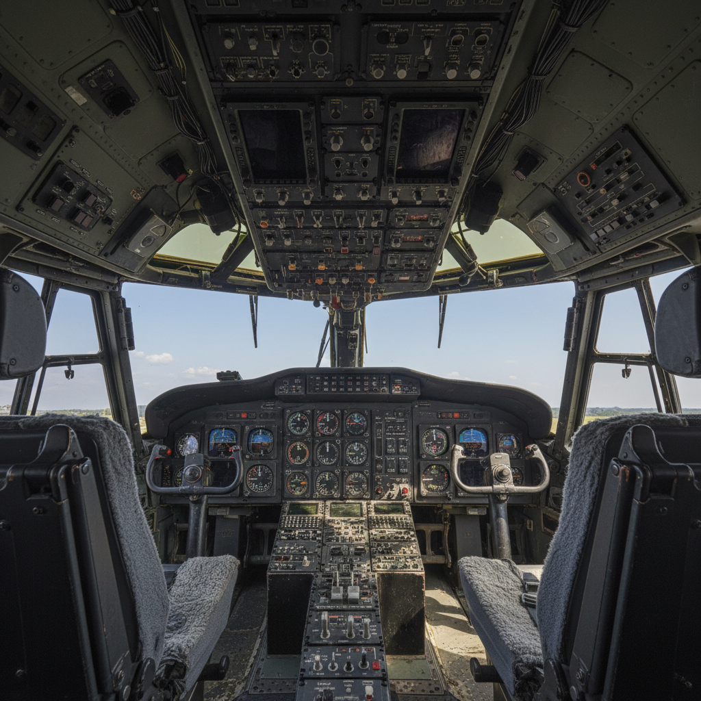 Military helicopter cockpit with flight instruments and controls