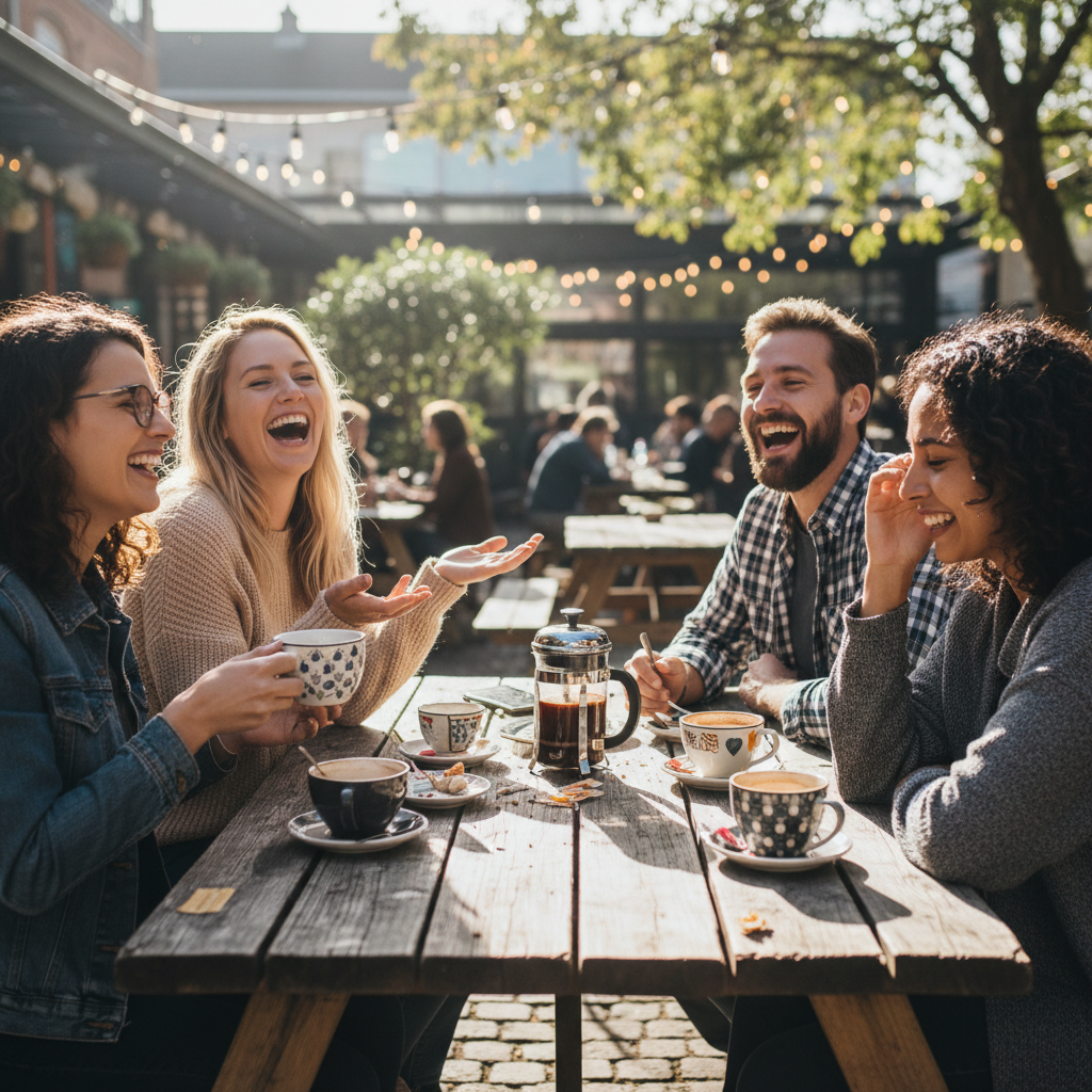 Adults sharing coffee and laughing at an outdoor table on a sunny morning