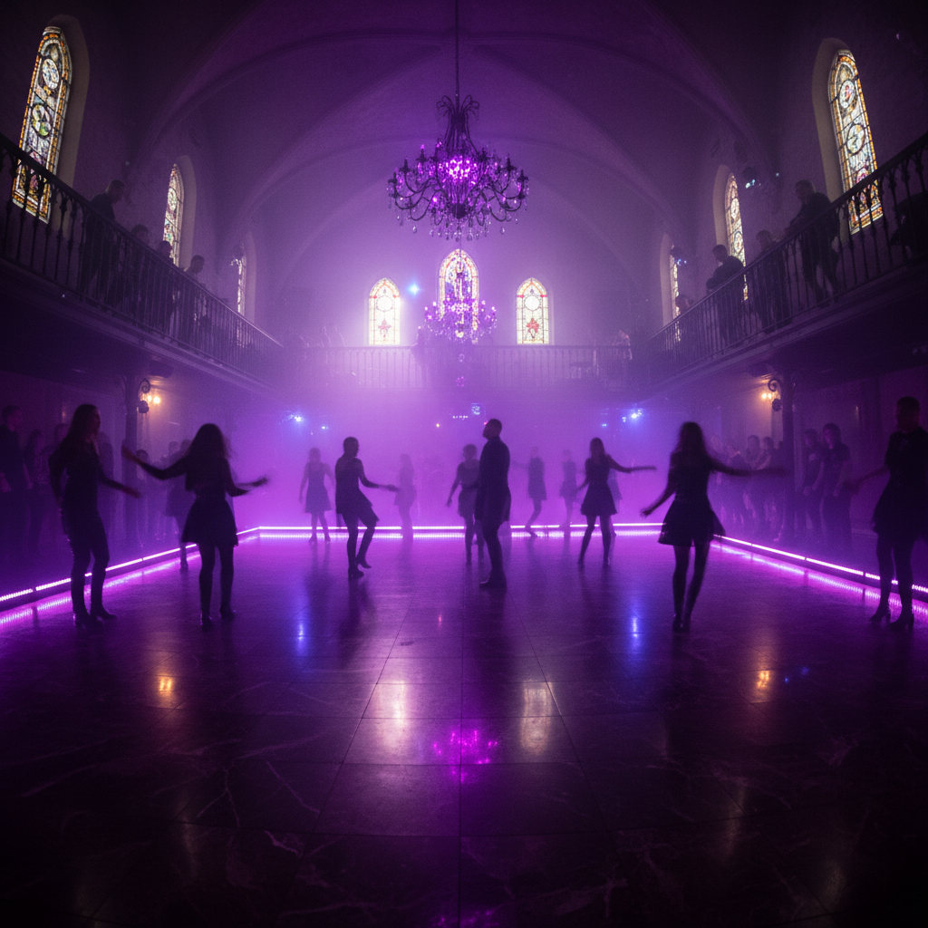 Dramatic gothic nightclub atmosphere with fog machines and purple lighting over a dance floor
