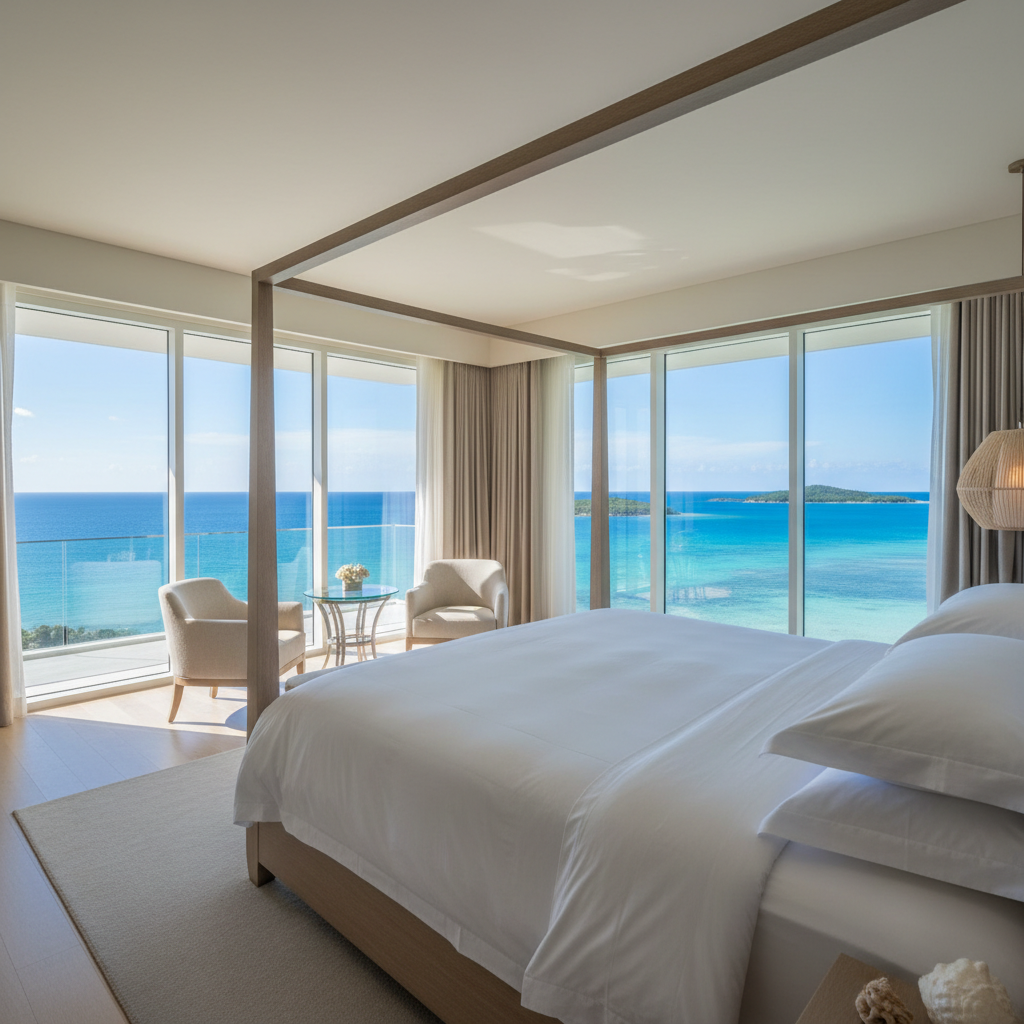 Modern two-bedroom ocean suite with sea view, white walls and elegant furnishings in Kigamboni