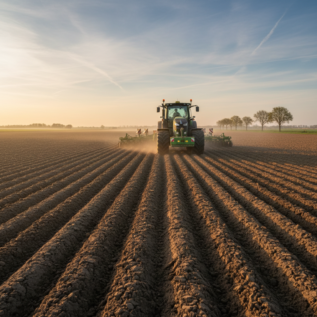 Tractor forming parallel ridges across a large clay field in early spring, soil freshly turned dark brown