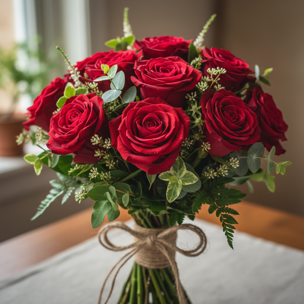 Classic romantic red roses in a dozen-stem bouquet for Valentine's Day