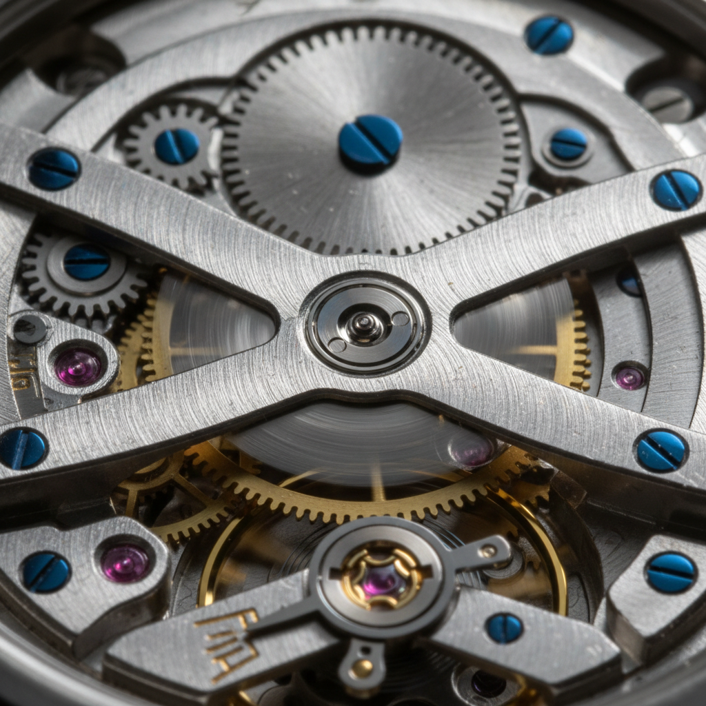 Macro photograph of watch mechanism with dramatic side lighting revealing precision components