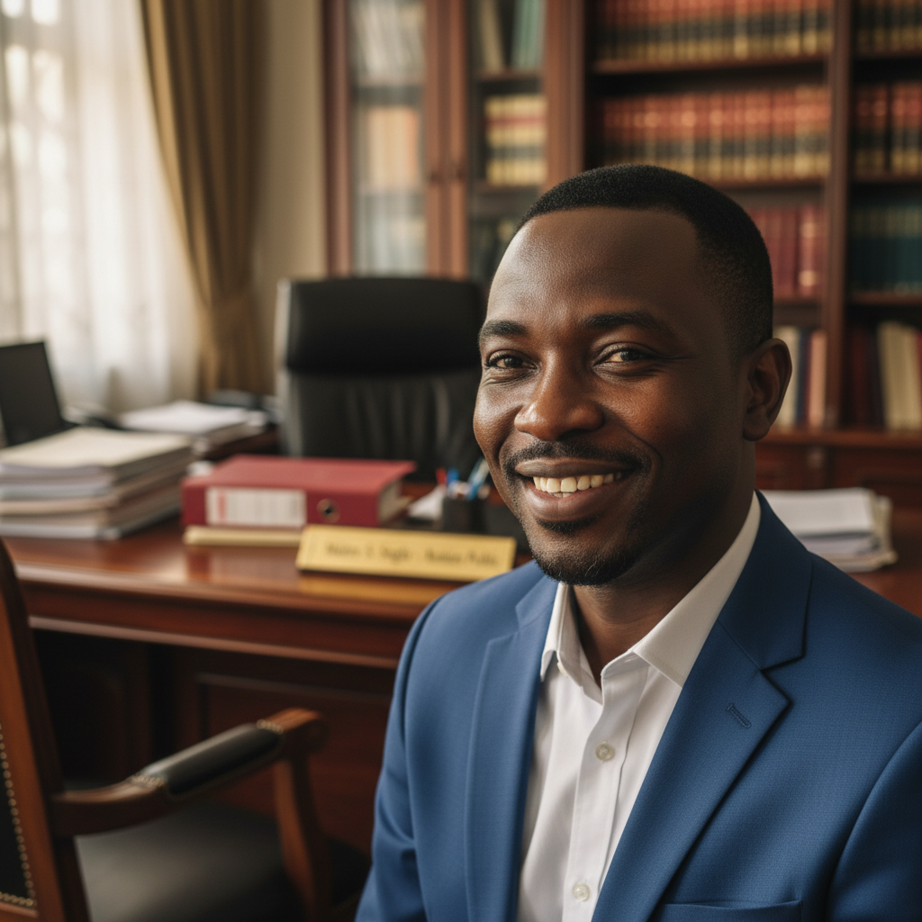 Homme d'affaires africain souriant, costume sombre, bureau lumineux professionnel