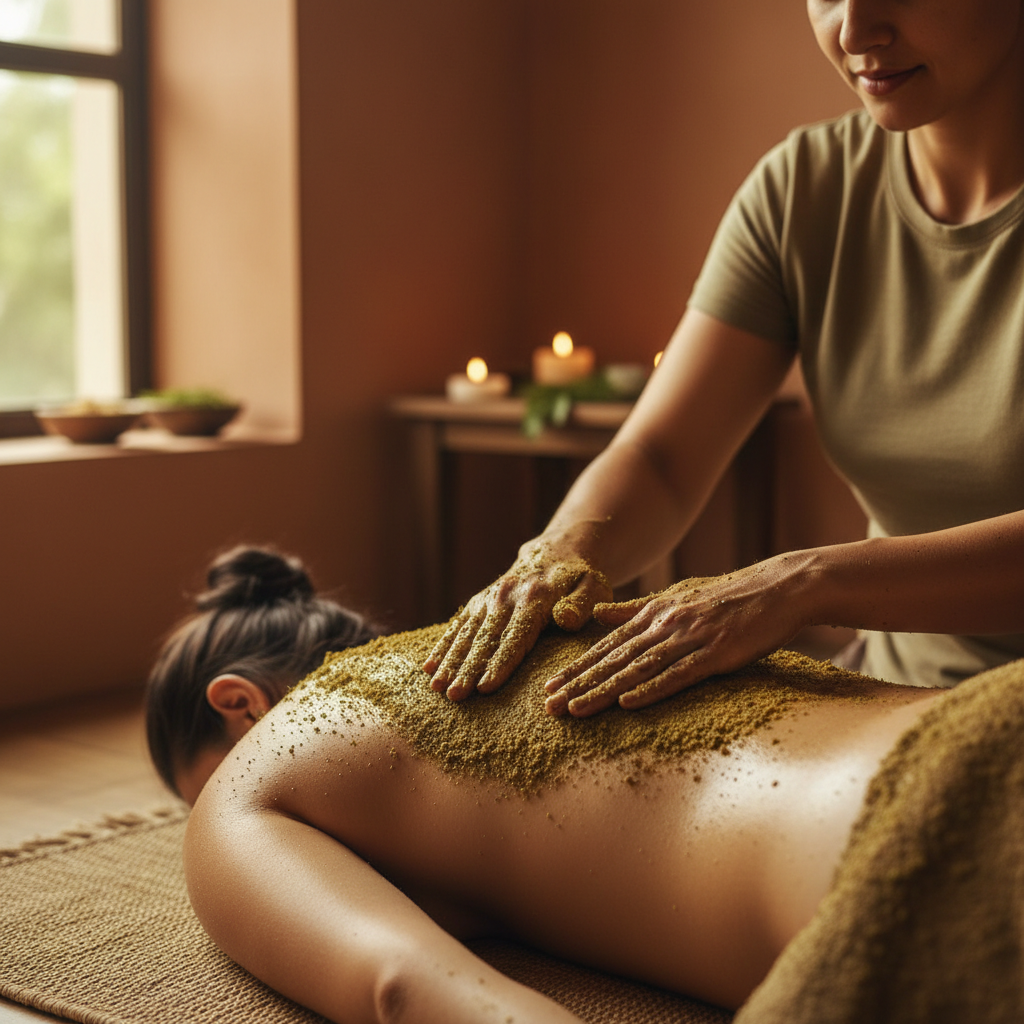 Healing herbal body scrub applied to back with therapeutic herbs and oils