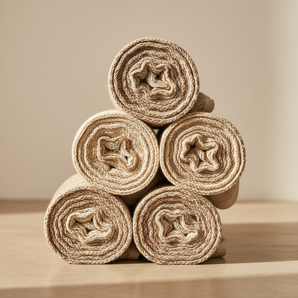 Fresh stack of newly woven Khadi fabric rolls, warm studio lighting, cream and brown tones