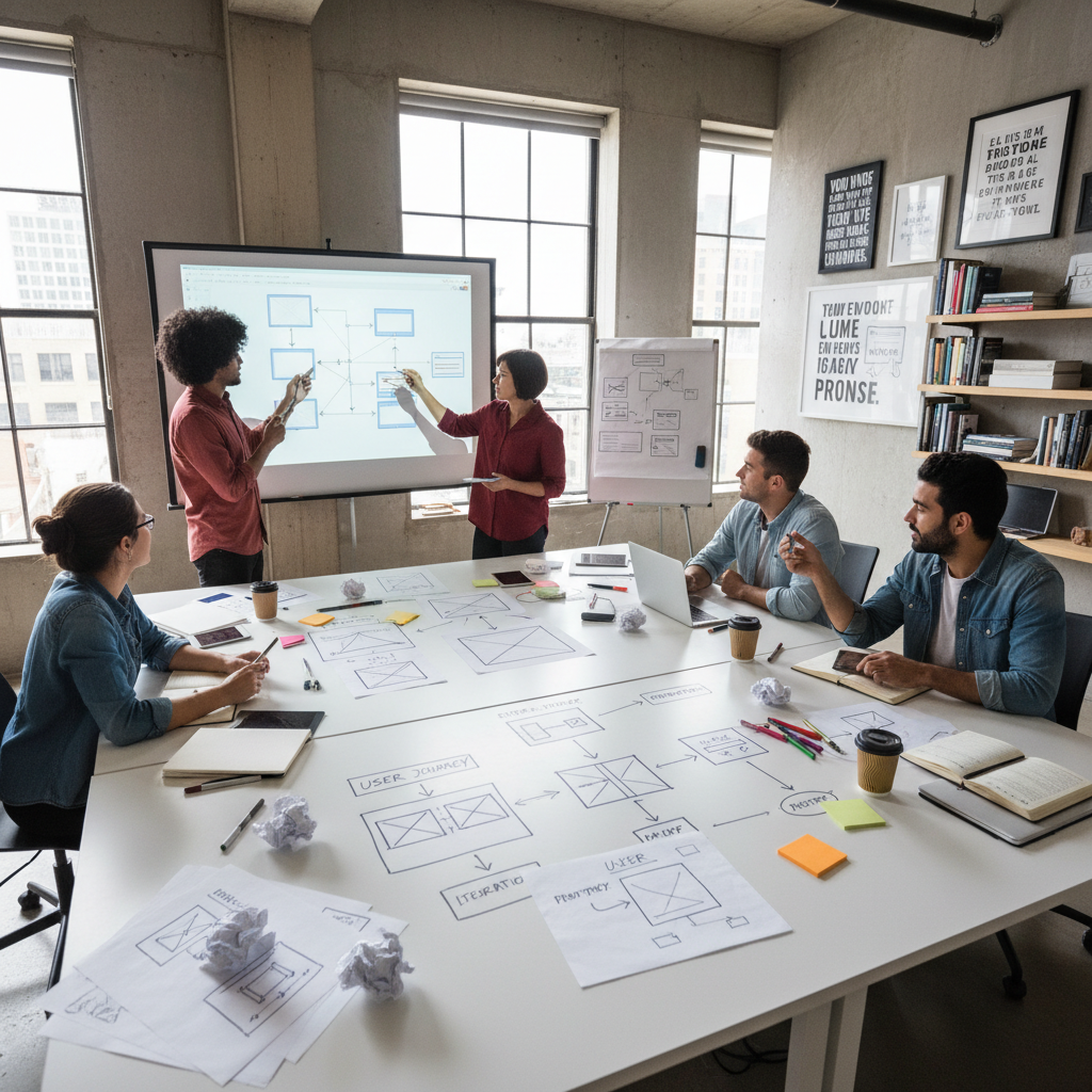 Professional team collaborating on creative project with art materials in modern bright office space