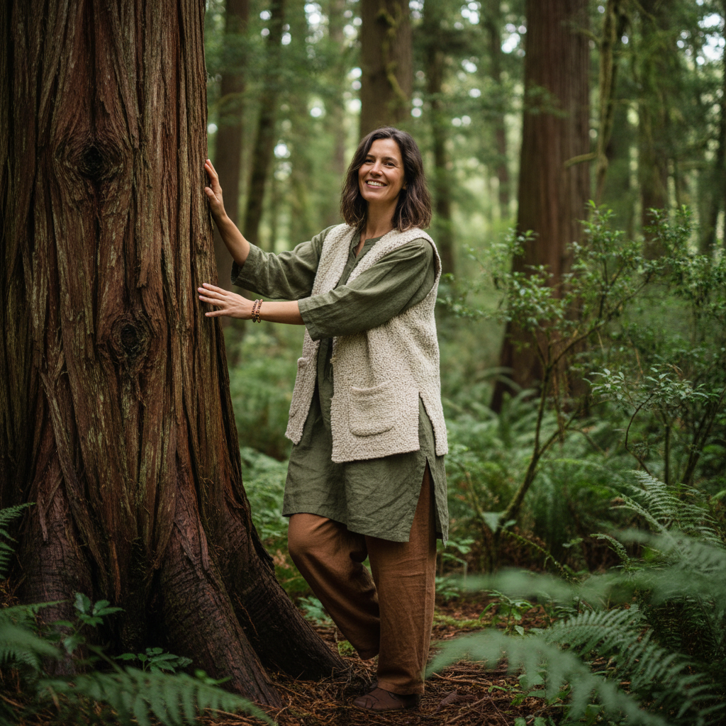 Person with warm expression standing in soft natural light, earthy tones, genuine and grounded