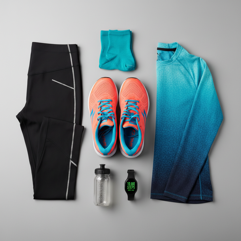 Athletic equipment and sports gear on bright gym floor, clean well-lit product shot