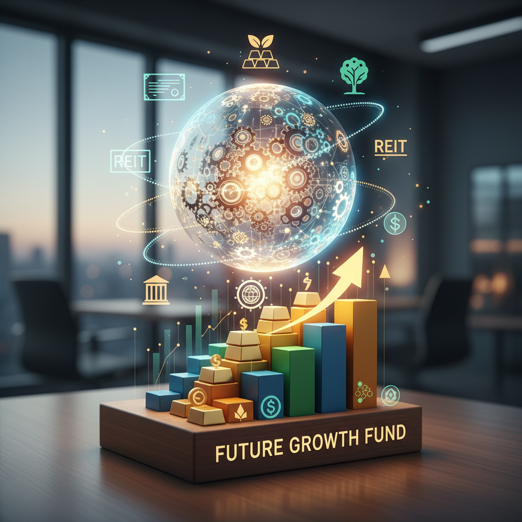 Futuristic financial data visualization with glowing charts and orbital motion graphics