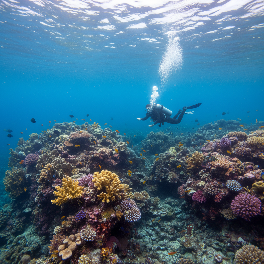 Scuba diver underwater in clear blue ocean near coral reef, vibrant fish, sunlight filtering through water