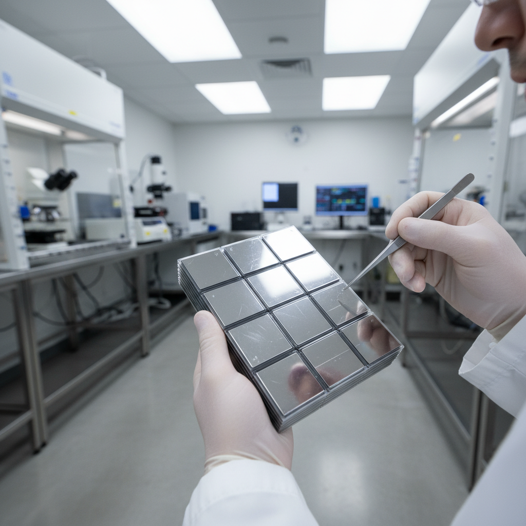 EV battery cell array in development laboratory with researcher examining solid-state prototype