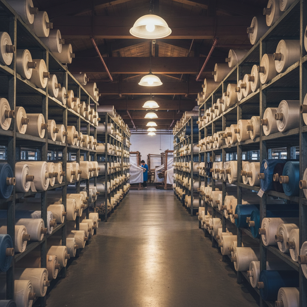 Fabric mill warehouse with rolls of colourful textiles stacked on industrial shelving, warm industrial light