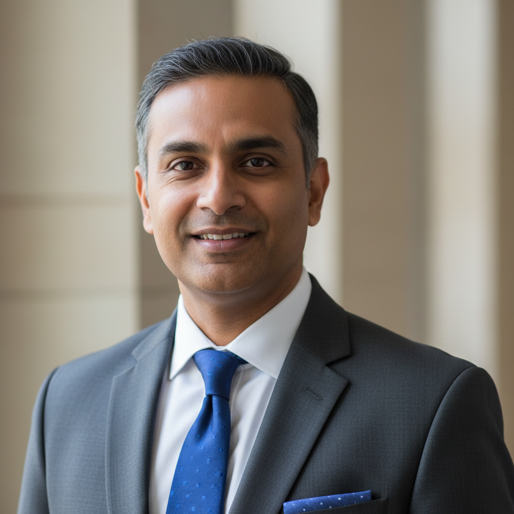 Indian male chartered accountant in business formal, professional headshot, neutral background