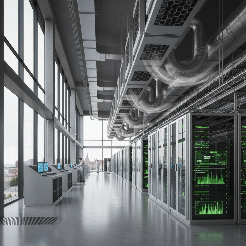 Data center facility with precision cooling systems maintaining optimal temperature for server infrastructure
