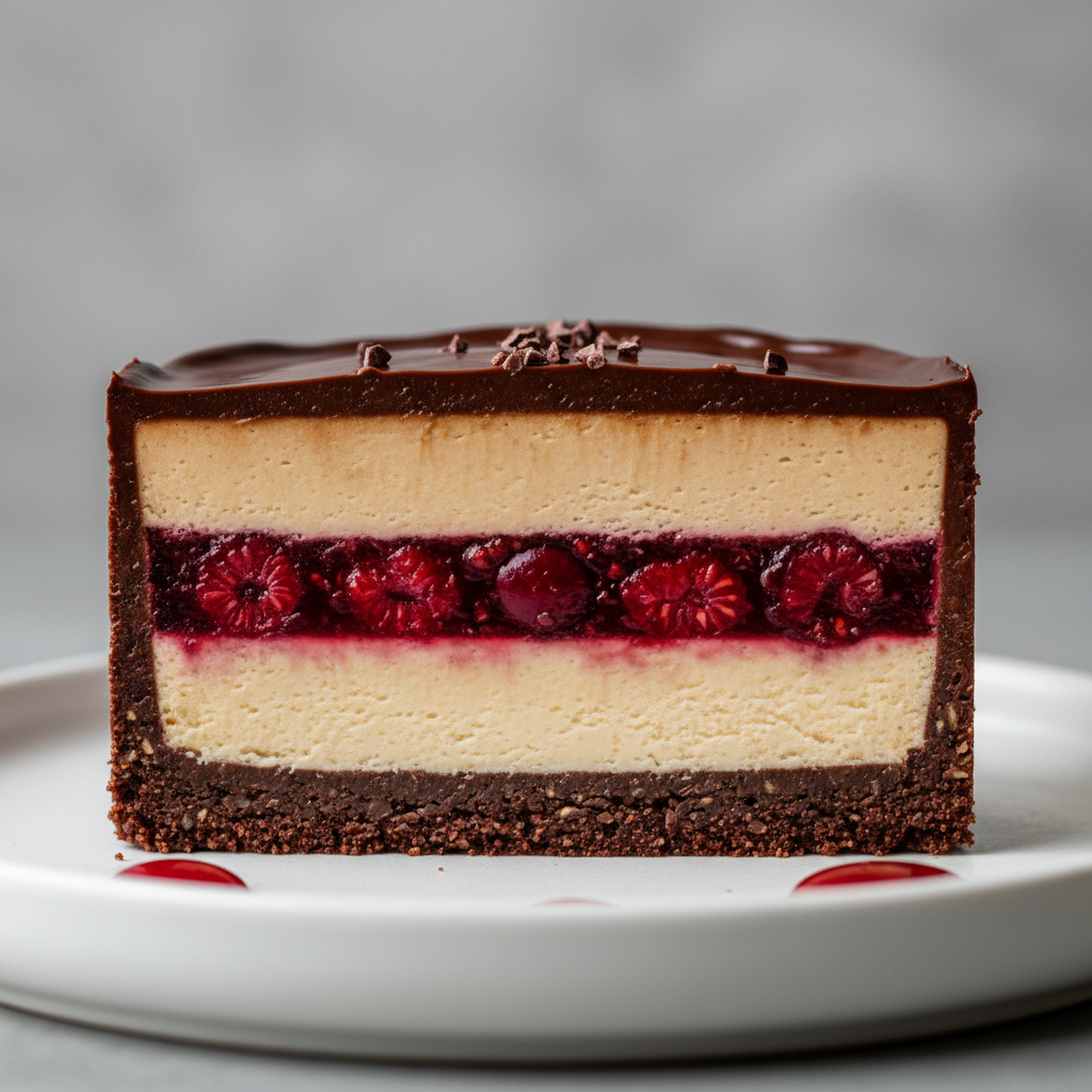 Cross-section of a raw cashew and cacao torte revealing five precise layers of cream, ganache, and fruit compote
