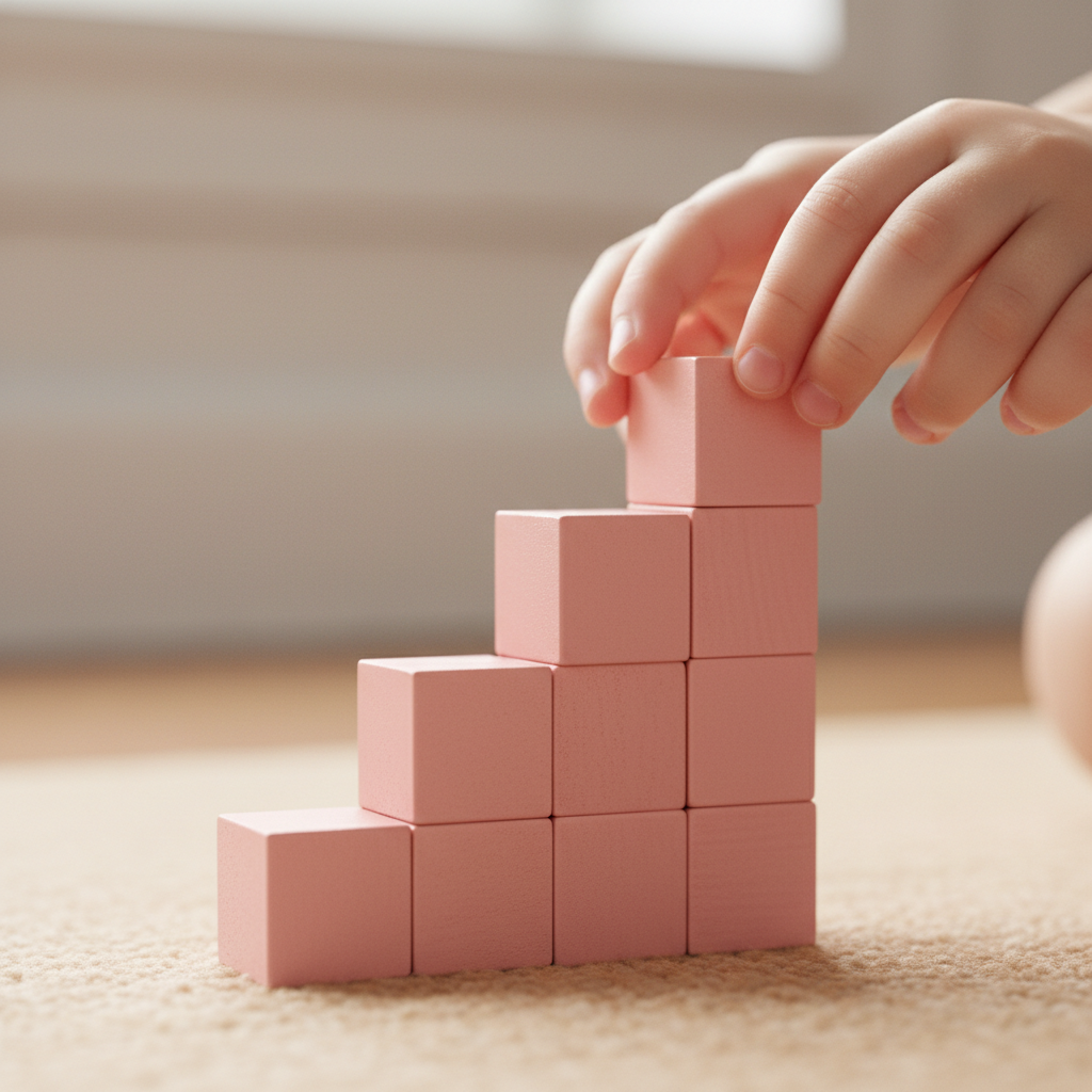 Three-year-old child working with pink tower blocks, stacking them carefully from largest to smallest on a mat