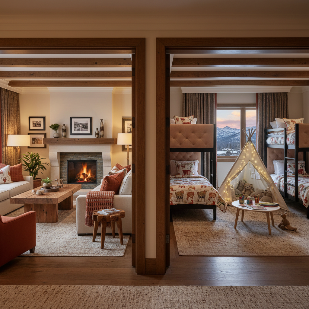 Spacious family suite with two beds, warm decor, and ample space for families
