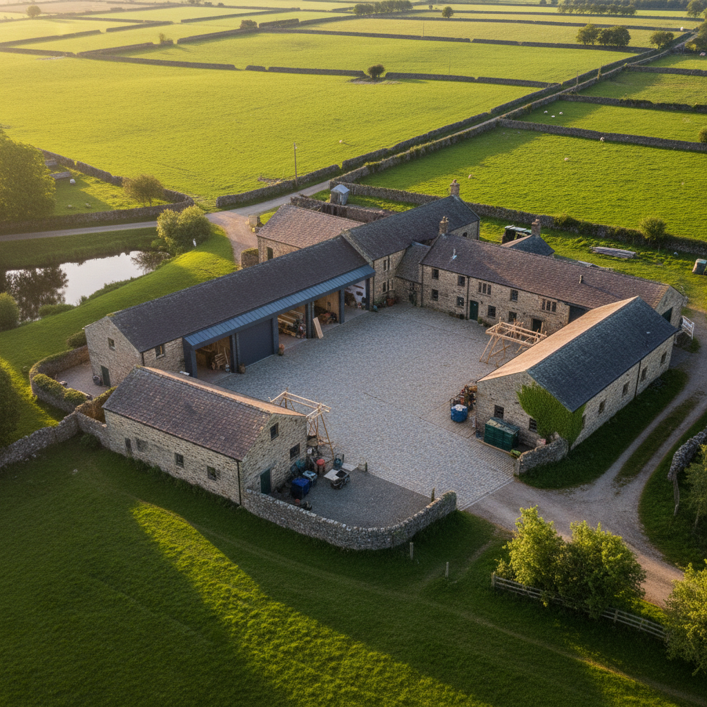 Aerial view of converted farmstead with workshop bays at golden hour, stone walls and green fields