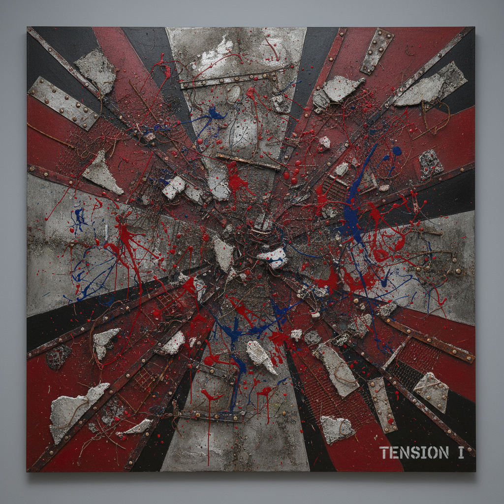 Large format acrylic painting Tension I with industrial textures and red-black forms