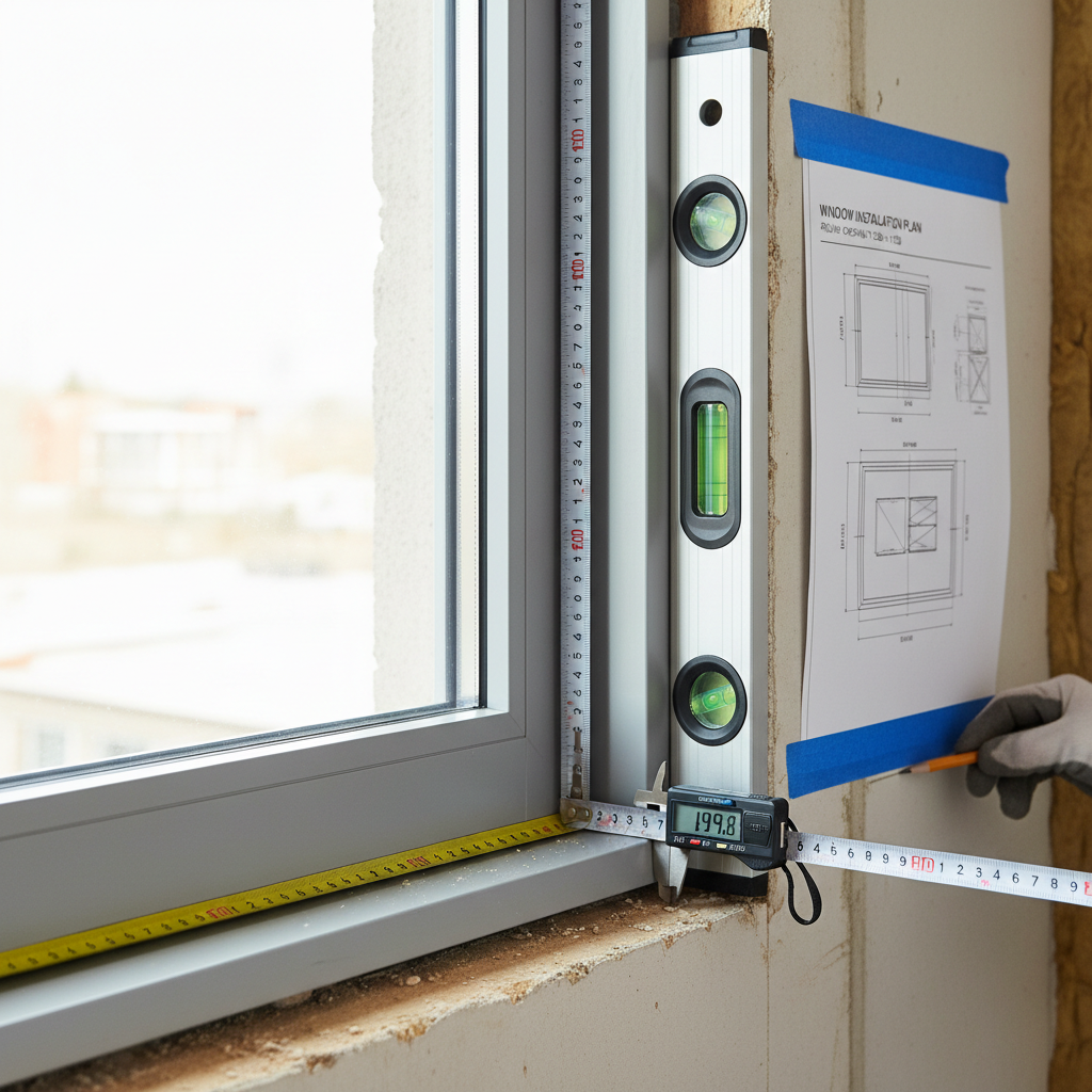 Pane installer shimming new double-hung window frame perfectly level with a spirit level tool