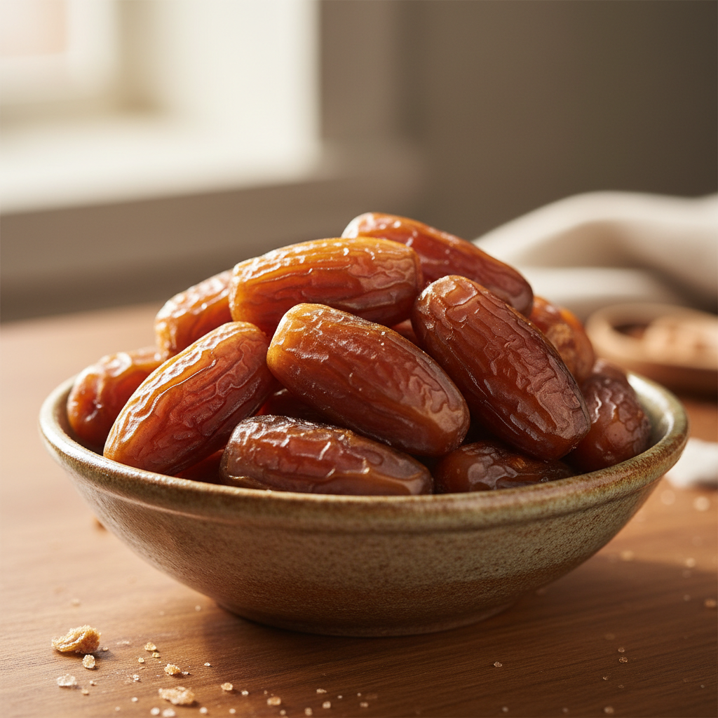 Large plump Medjool dates in a bowl with warm amber tones