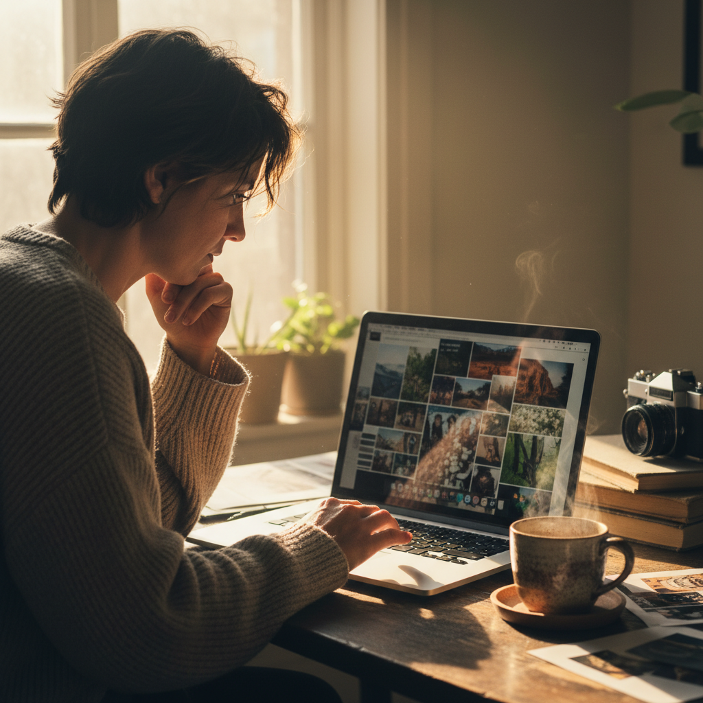 Photographer reviewing a mood board on a laptop, warm morning light, coffee cup nearby