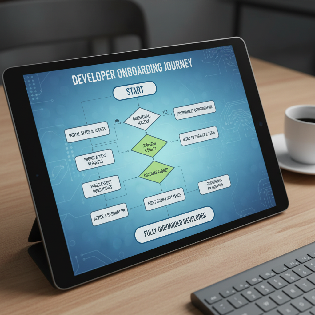Flowchart diagram showing developer onboarding journey with decision points