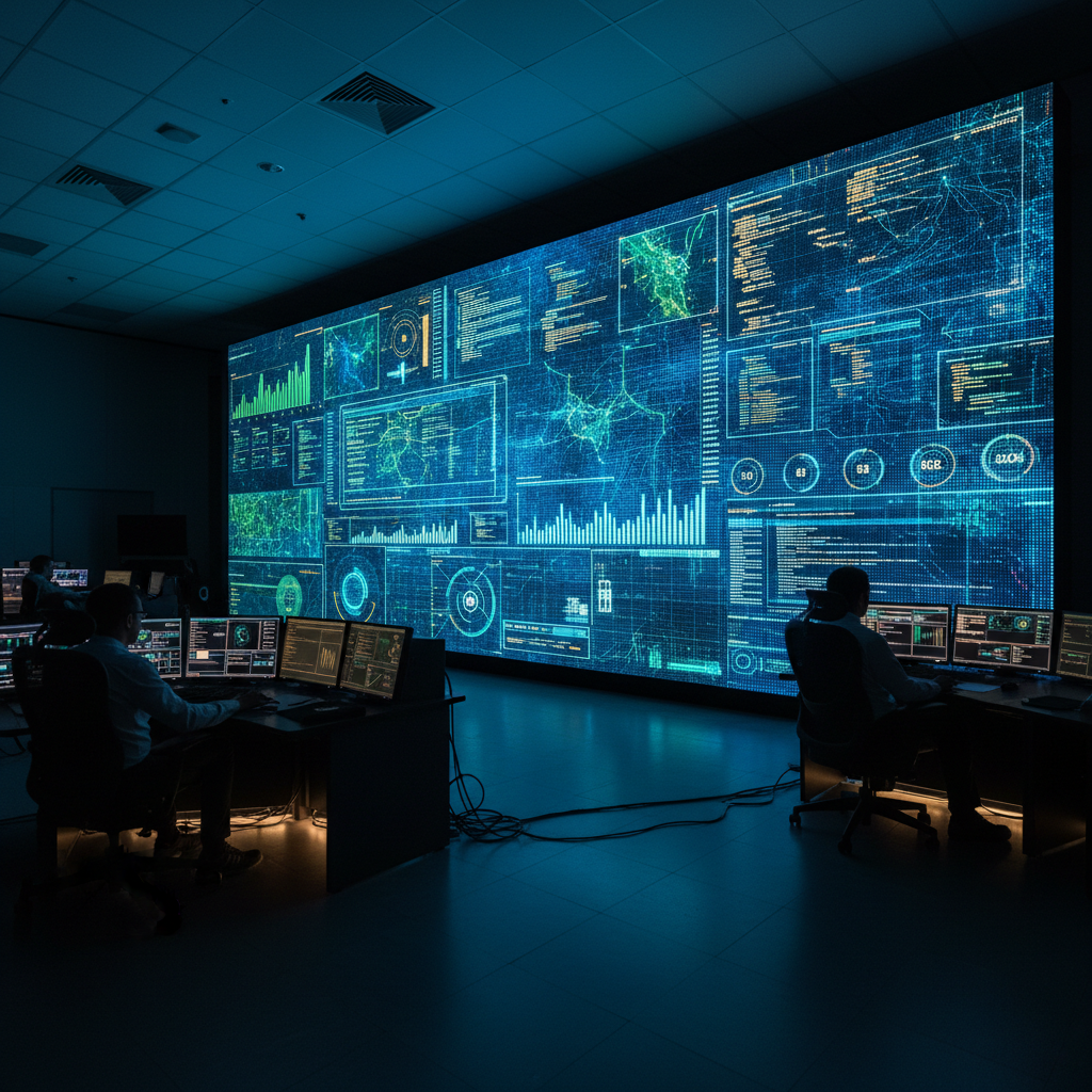 Ultra-high-definition fine pitch LED display showing detailed graphics in control room