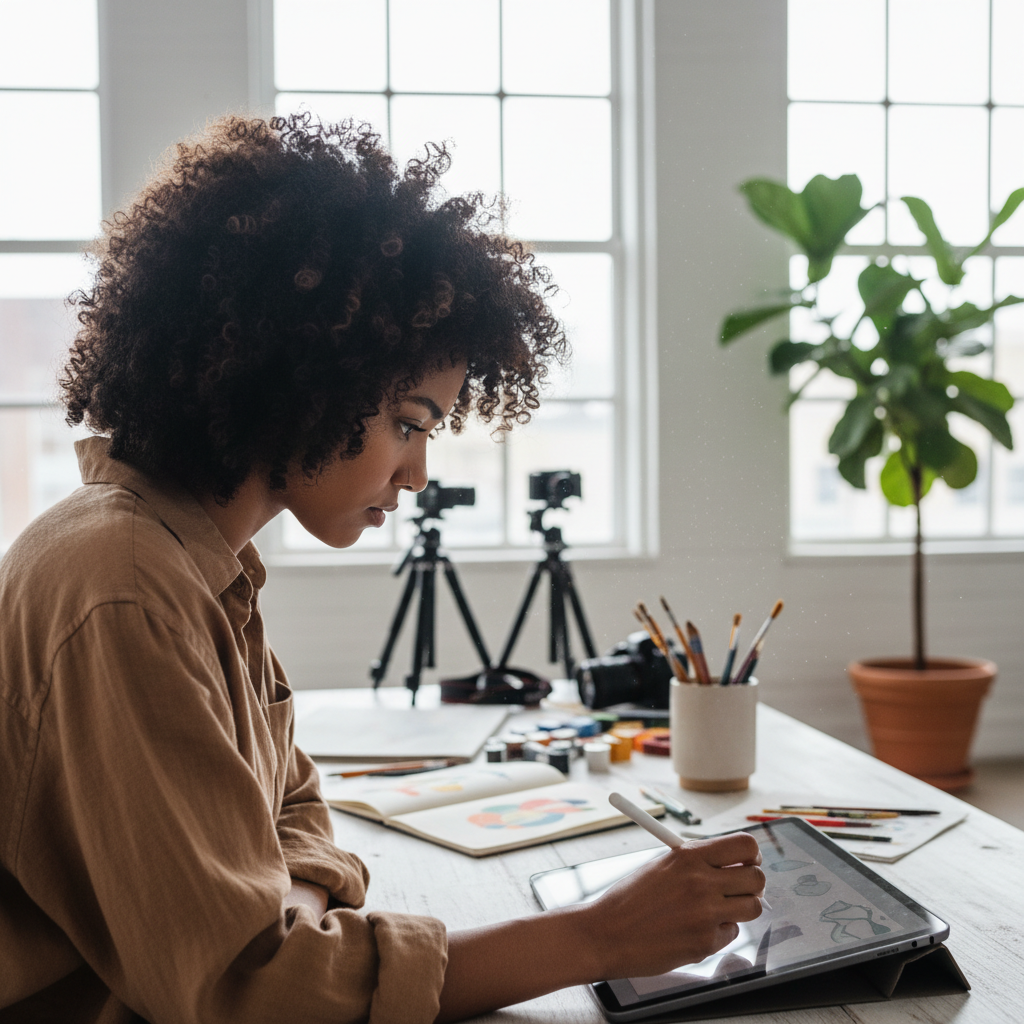Portrait of Aisha Okafor, creative professional woman with natural hair in artistic studio space