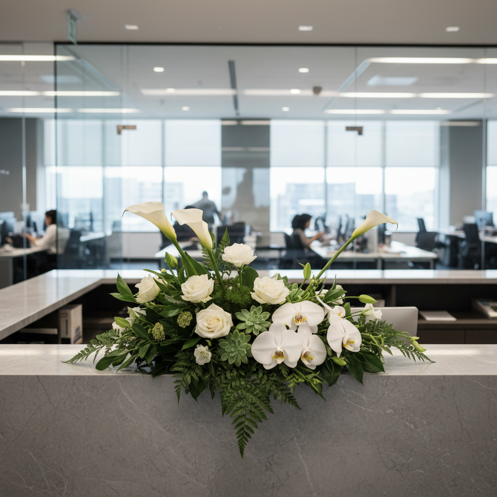 Minimalist white and green floral arrangement in a sleek vase for corporate offices