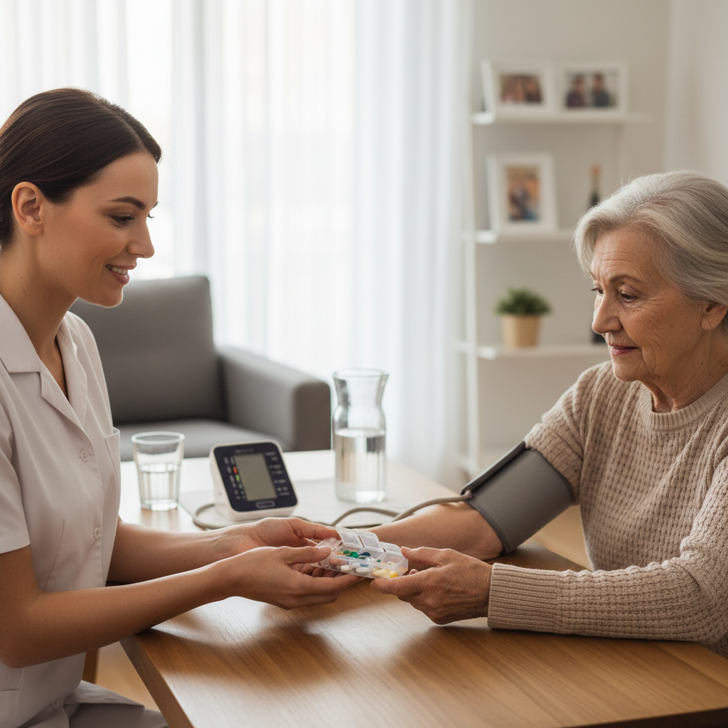 Professional caregiver supporting a patient at home