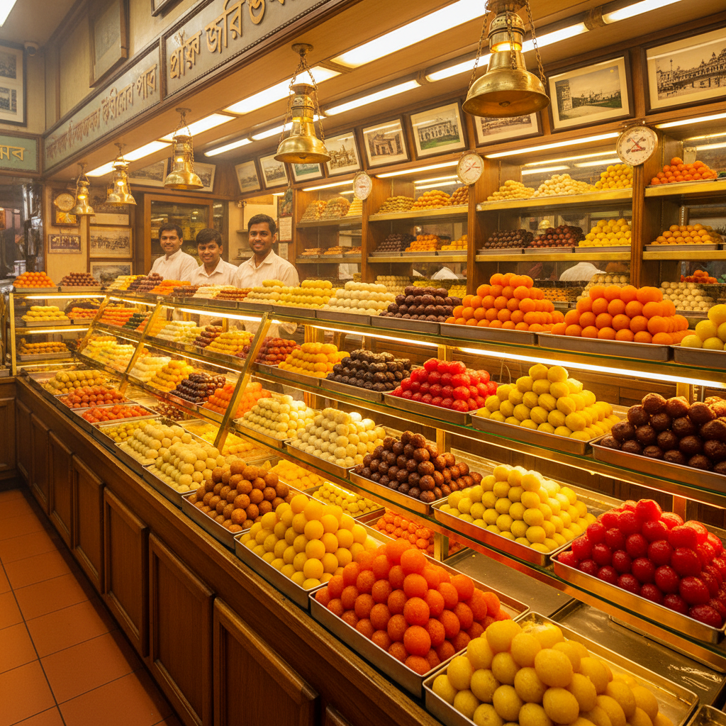 Kolkata Bengali sweet shop interior with rows of colorful mishti, warm amber lighting, atmospheric indoor scene