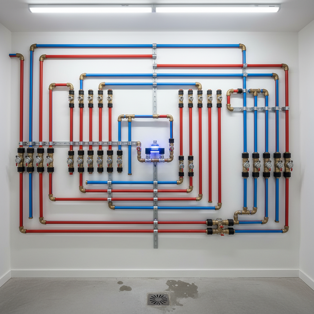 Commercial plumbing pipes and fittings in a clean modern building interior