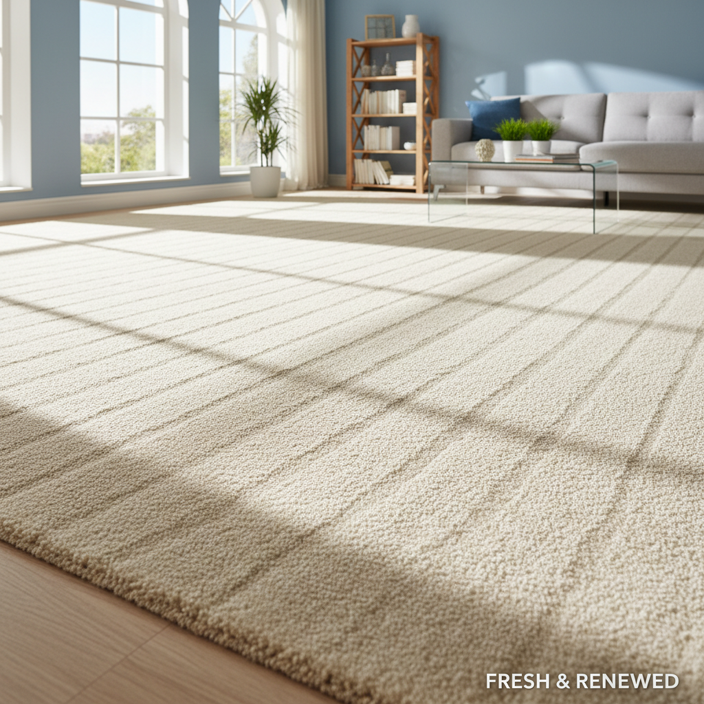 Clean bright living room with freshly cleaned carpet, natural light streaming through windows