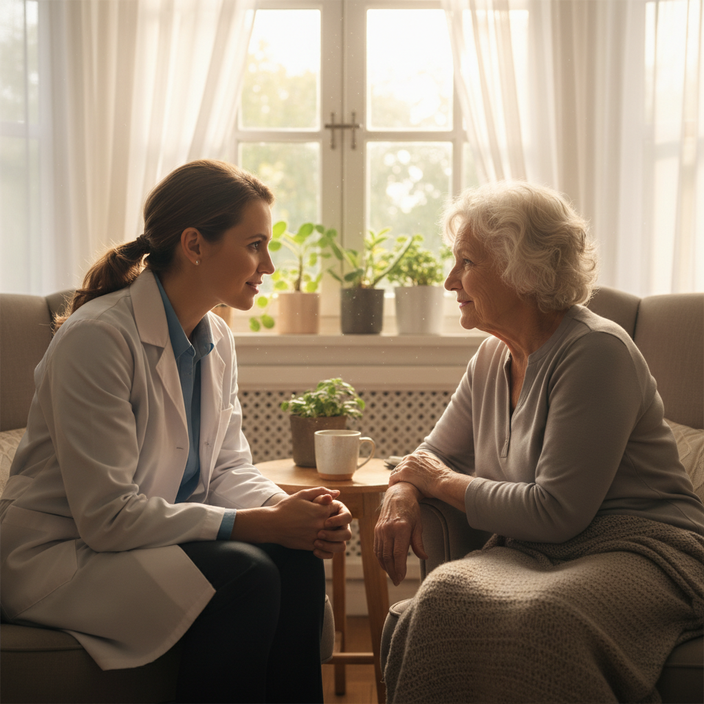 Physician sitting across from an elderly patient in a home living room, morning light through sheer curtains, both leaning slightly toward each other in conversation