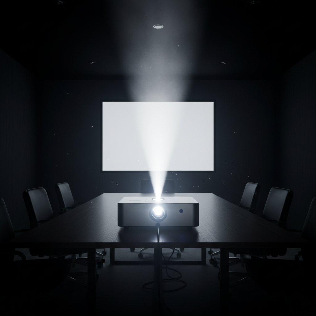 Modern projector mounted on ceiling projecting bright image in dark conference room