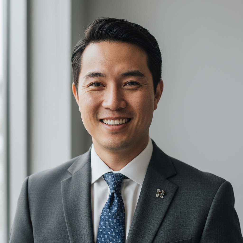Professional East Asian man real estate agent, business casual, modern office background
