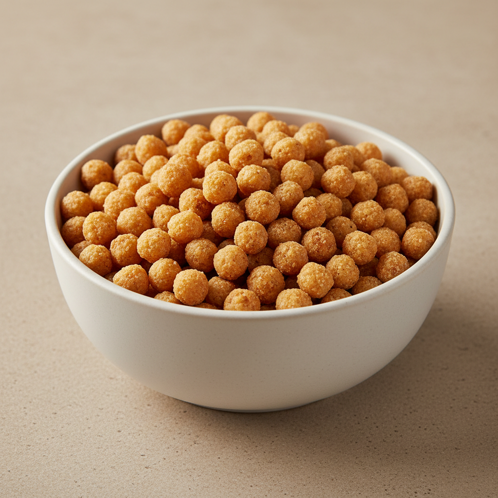 Hand-rolled fregola pasta grain in a white bowl with toasted color
