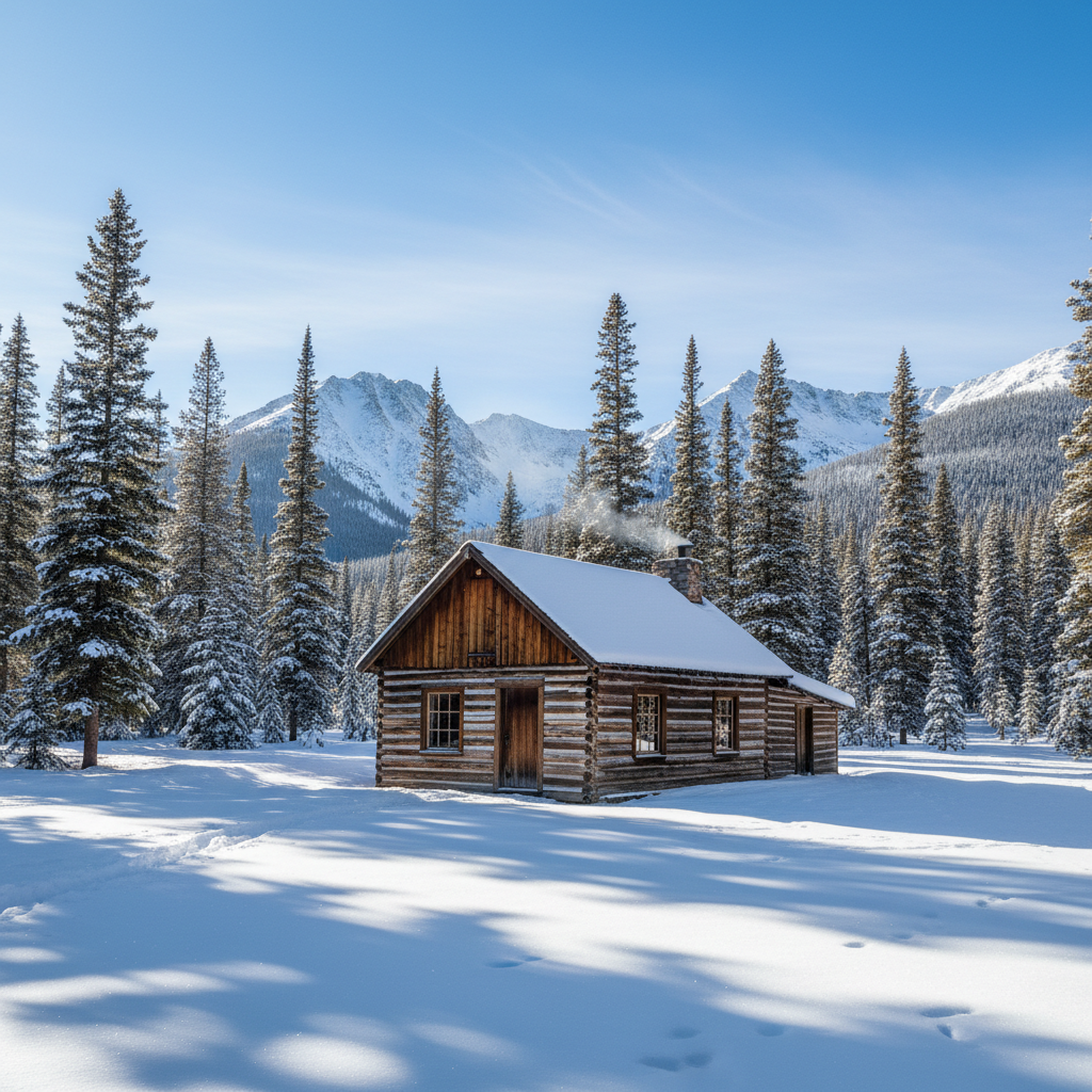 Restored log cabin in Colorado mountain clearing with snow-dusted pine trees and blue sky