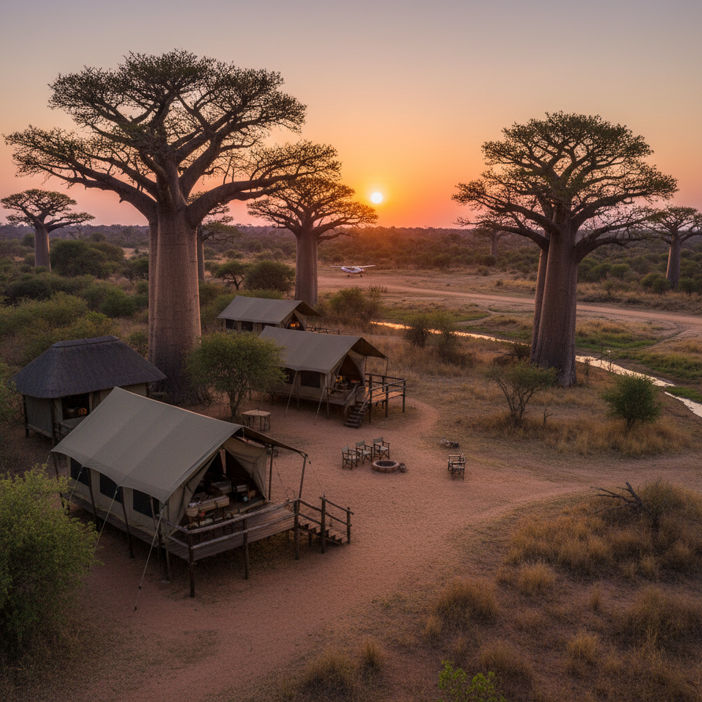 Remote safari tented camp under acacia trees in Zimbabwe bush at dusk