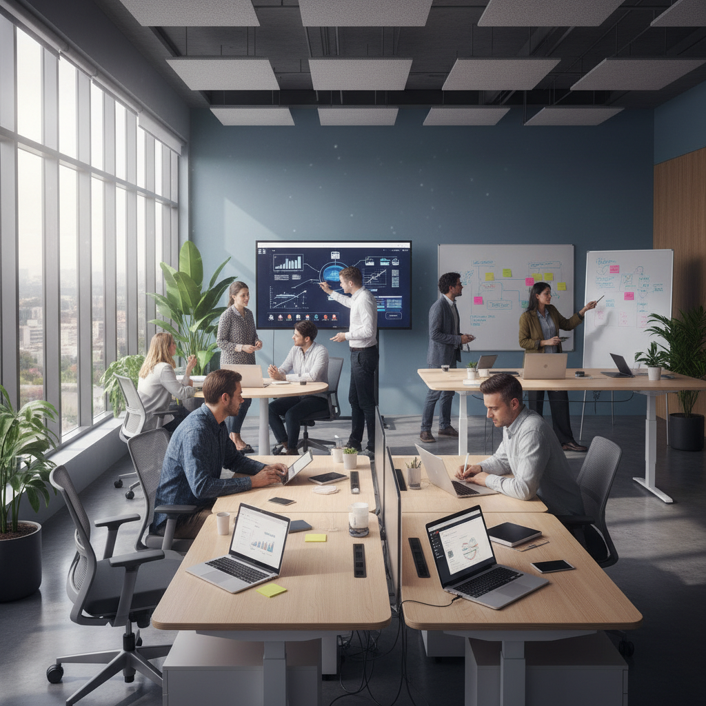Modern office workspace with collaborative team environment and digital communication tools