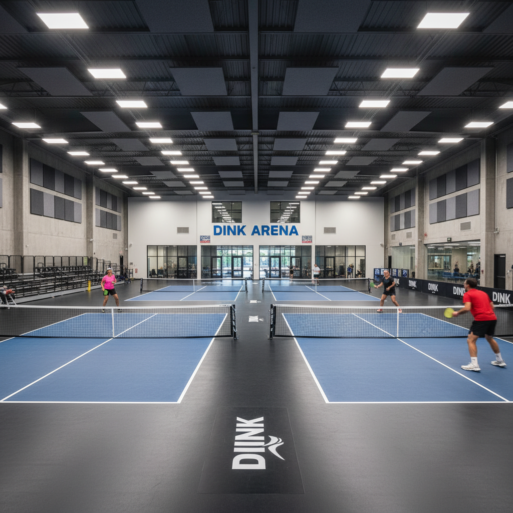 Interior view of PickleMania arena showing premium pickleball courts with bright LED flood lighting and clean court markings