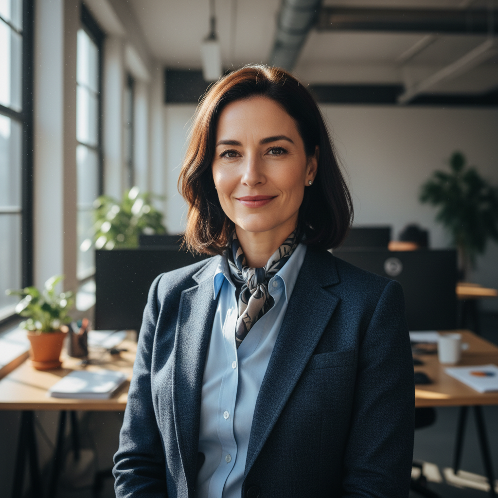Professional woman in navy blazer with confident expression in office setting