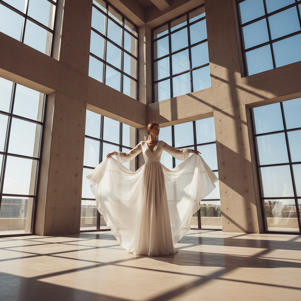 Model in minimalist all-white outfit, architectural white space, sharp geometric shadows