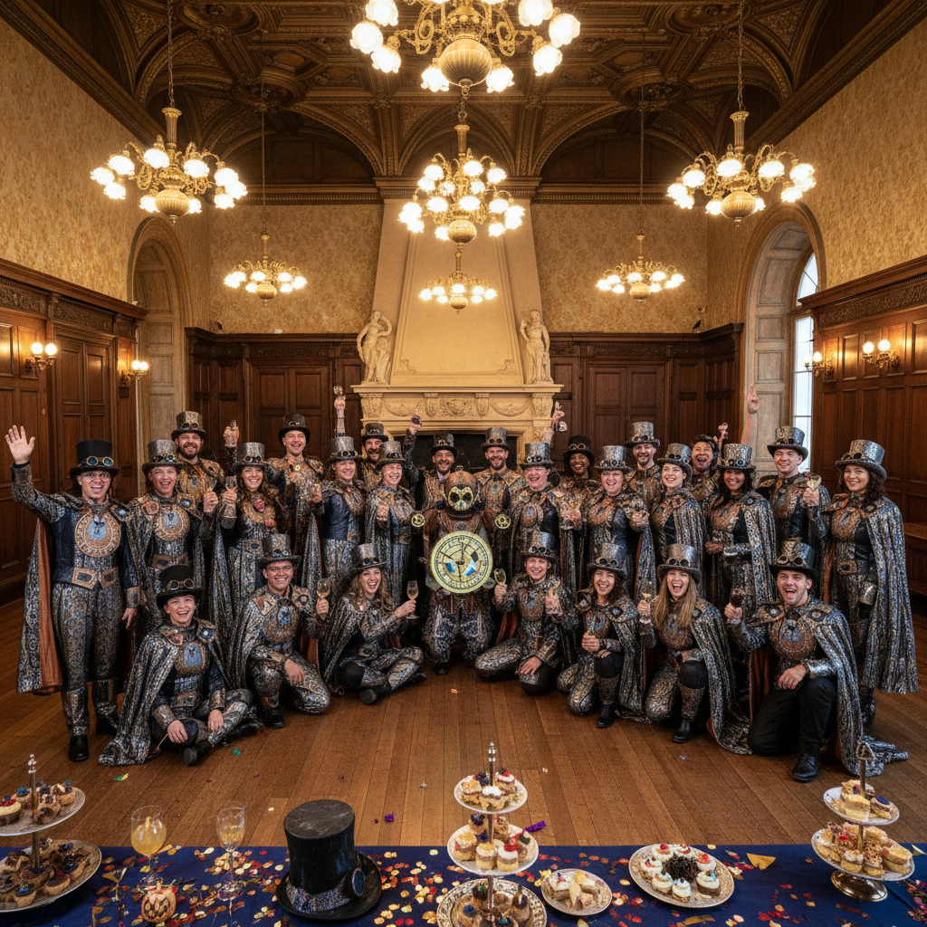 Professional team in coordinated Halloween costumes celebrating together in a grand historic hall