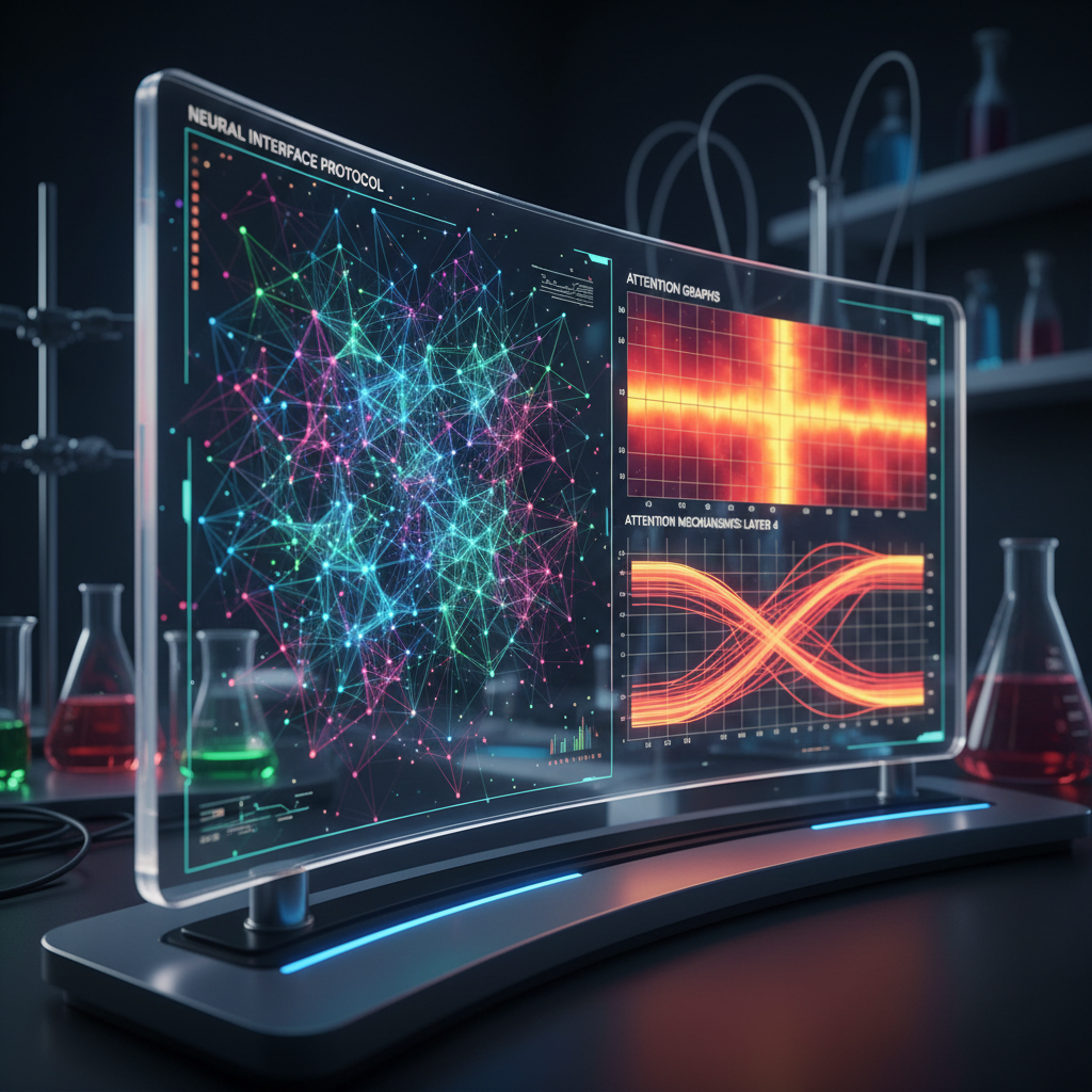 Pantalla de laboratorio tecnológico con visualizaciones de redes neuronales y gráficos de atención