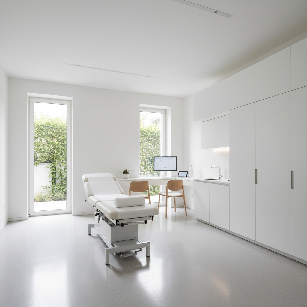 Bright clinical lab environment with medical equipment, clean white surfaces, soft natural lighting, airy professional atmosphere